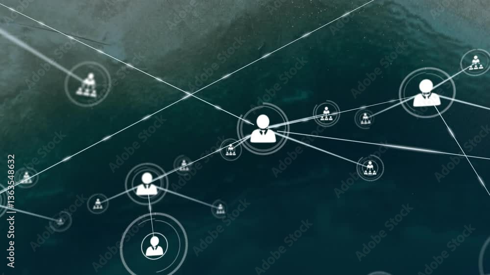 Poster network of connections and data processing animation over dark green background