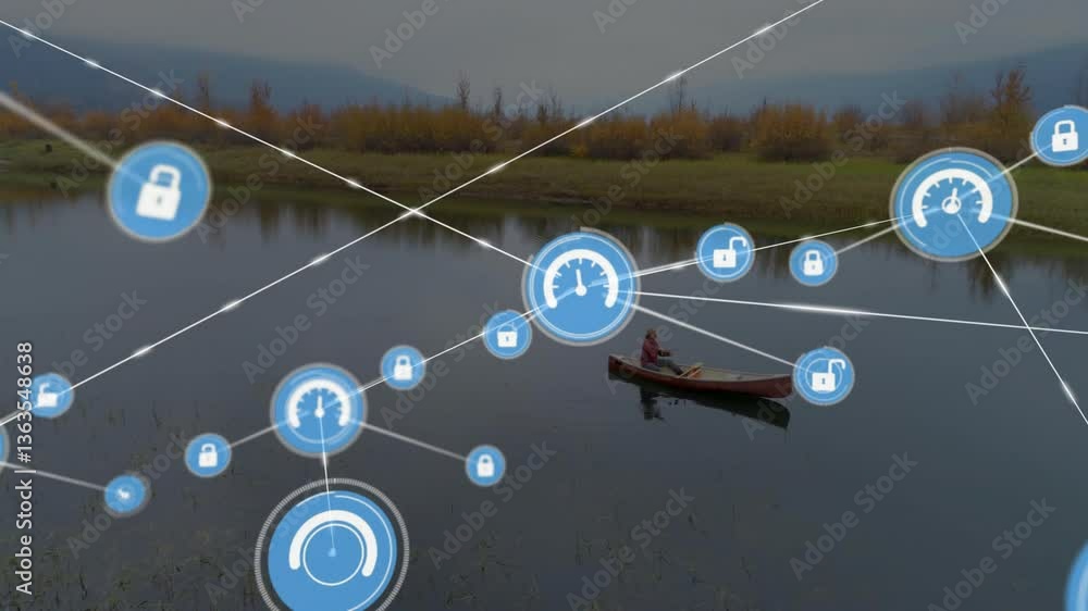 Aufkleber network of connections and data processing animation over person canoeing on lake