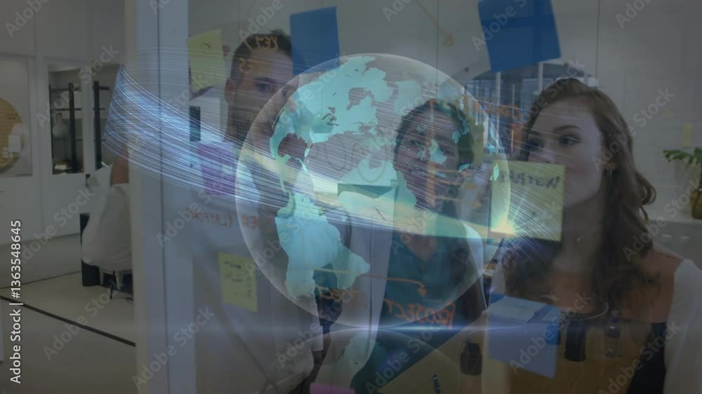 Poster in modern office, team brainstorming using digital globe with data overlay animation