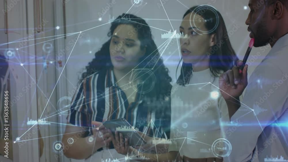Poster discussing data analytics, diverse business team using digital network animation