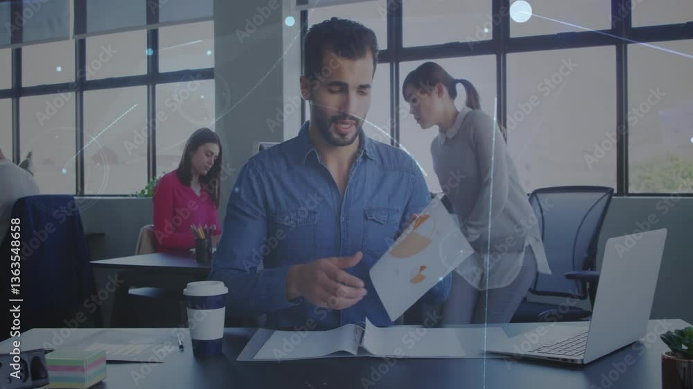 Poster man in office holding document with network connections animation overlay