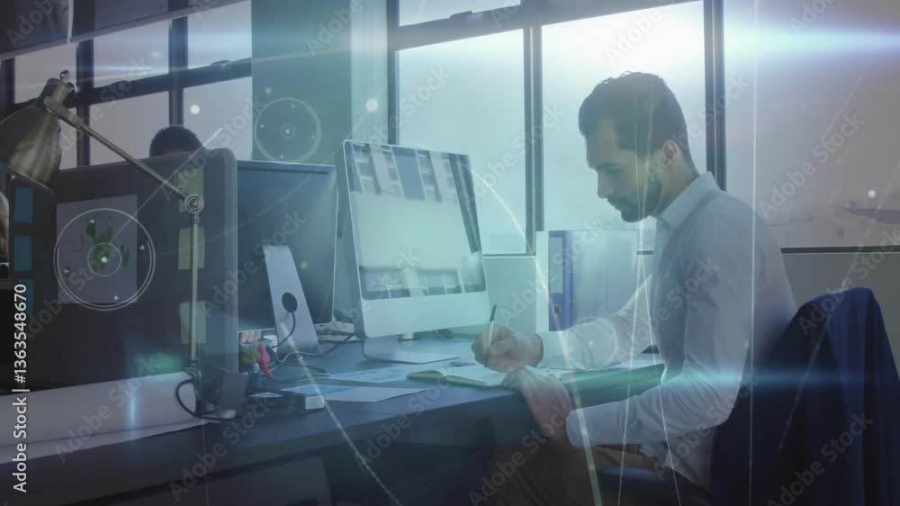 Poster man working at desk with computer, surrounded by digital data animation