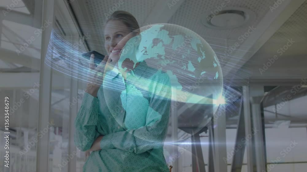 Aufkleber using smartphone, businesswoman interacting with digital globe and data streams animation
