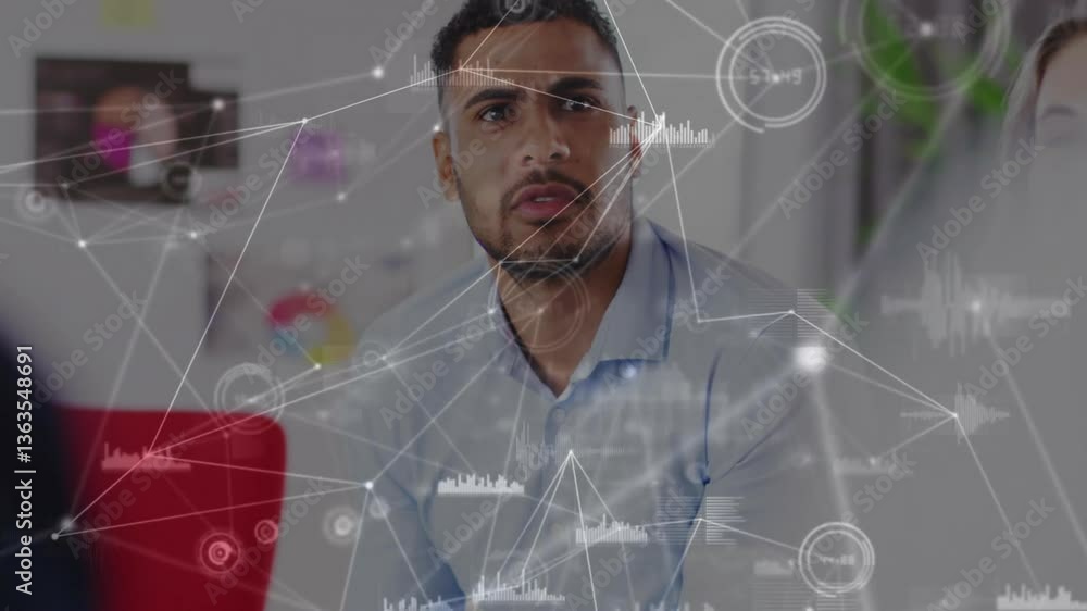 Poster in office, businessman discussing data analytics with animation of digital network