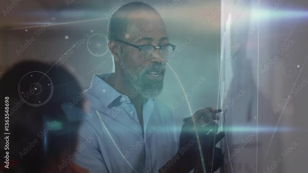Aufkleber man writing on board with digital data processing animation overlay
