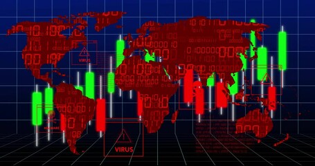 Animation of world map with virus alerts and financial data in school setting - Powered by Adobe