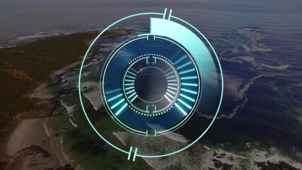 Digital interface animation over aerial view of ocean and coastline - Powered by Adobe