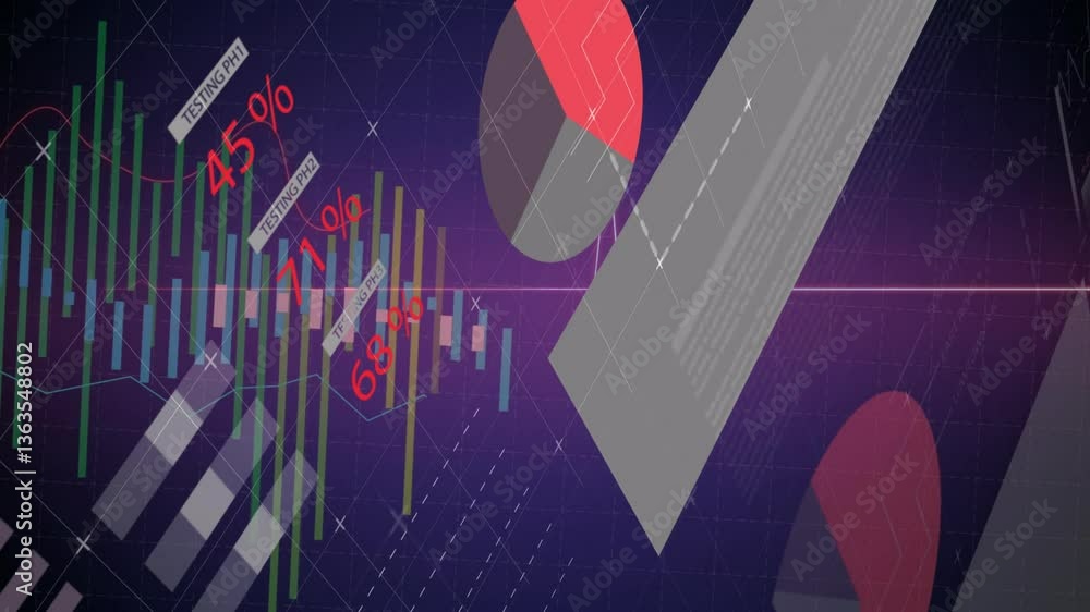 Poster animation of financial data and graphs with percentages over geometric shapes