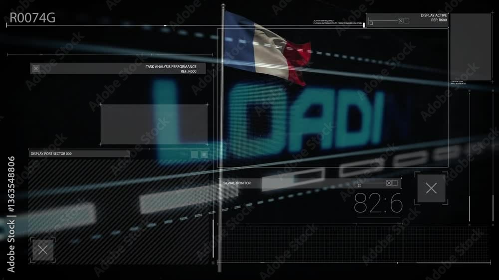 Poster digital interface with loading text and french flag animation over data graphics