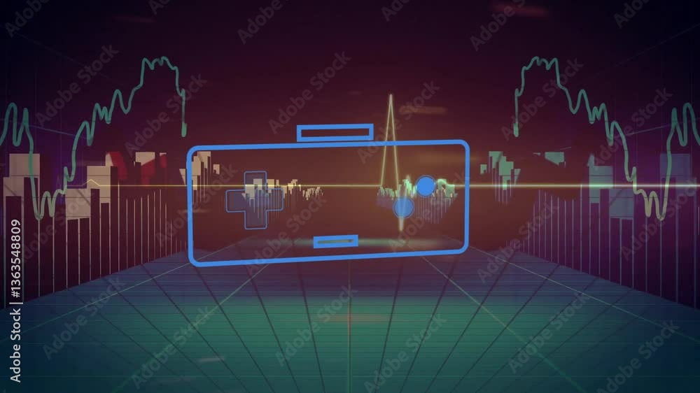 Poster battery icon and data graphs in futuristic animation on digital interface