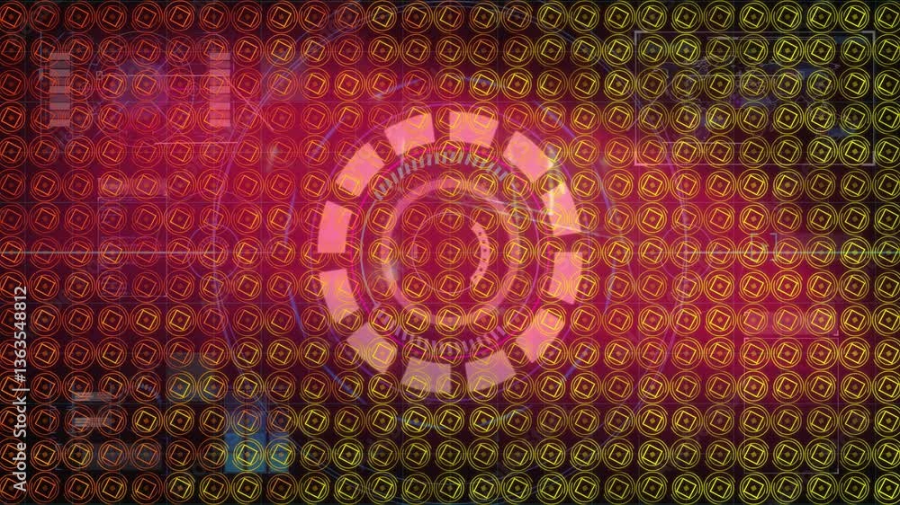 Poster animation of digital interface with circular pattern on red geometric background