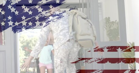 Embracing child, military person with American flag overlay in homecoming scene - Powered by Adobe