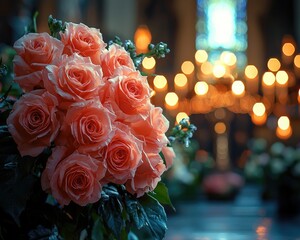 Beautiful bouquet of peach roses in a softly lit church setting with candles
