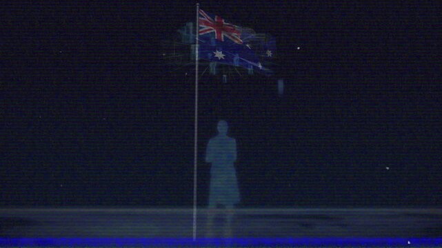 Waving Australian flag with helicopter and people silhouettes in animation scene