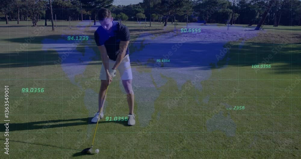 Poster golfer swinging club with data and world map animation overlay