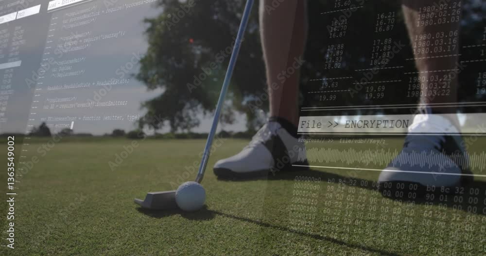 Poster preparing to putt, golfer with animation overlay of encryption data on grass