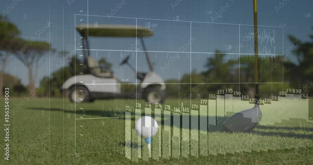 Poster golf ball on tee with data processing animation over golf cart in background
