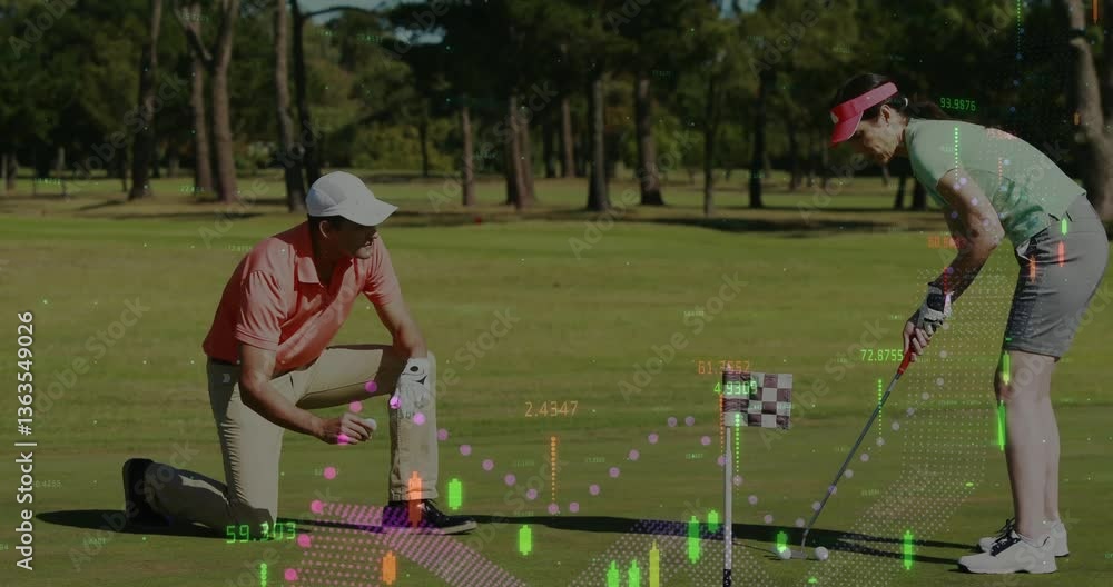Poster on golf course, golfer analyzing data animation while preparing to putt