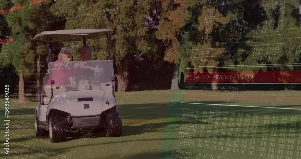 Poster golfers in cart on course with digital encryption data overlay animation