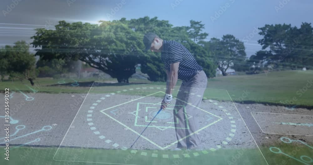 Aufkleber preparing to swing, golfer analyzing animation data overlay on grassy course