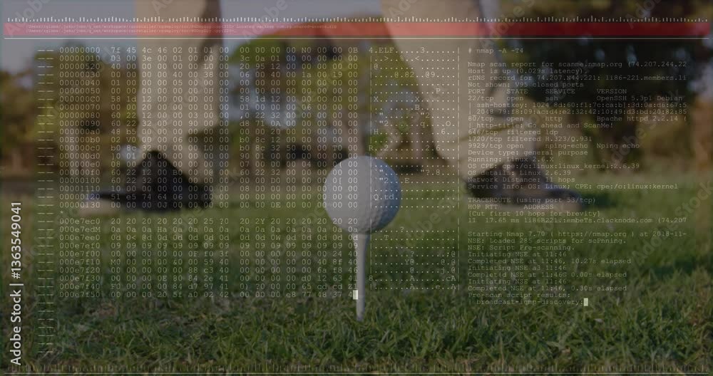 Poster golf ball on tee with computer code overlaying grassy field in animation