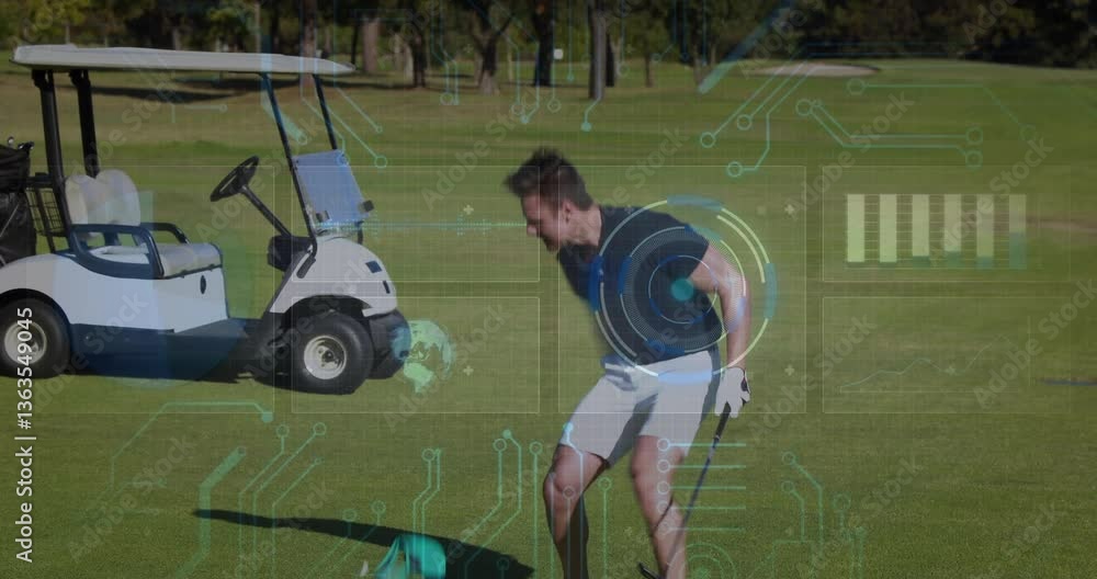 Poster man playing golf with digital data processing animation over green field