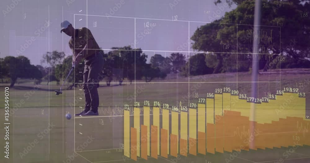 Poster on golf course, golfer putting with animation of bar graphs overlaying data