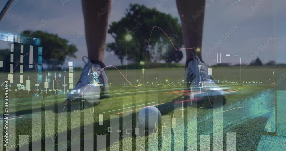 Poster preparing to putt, golfer with animation of financial data charts on screen