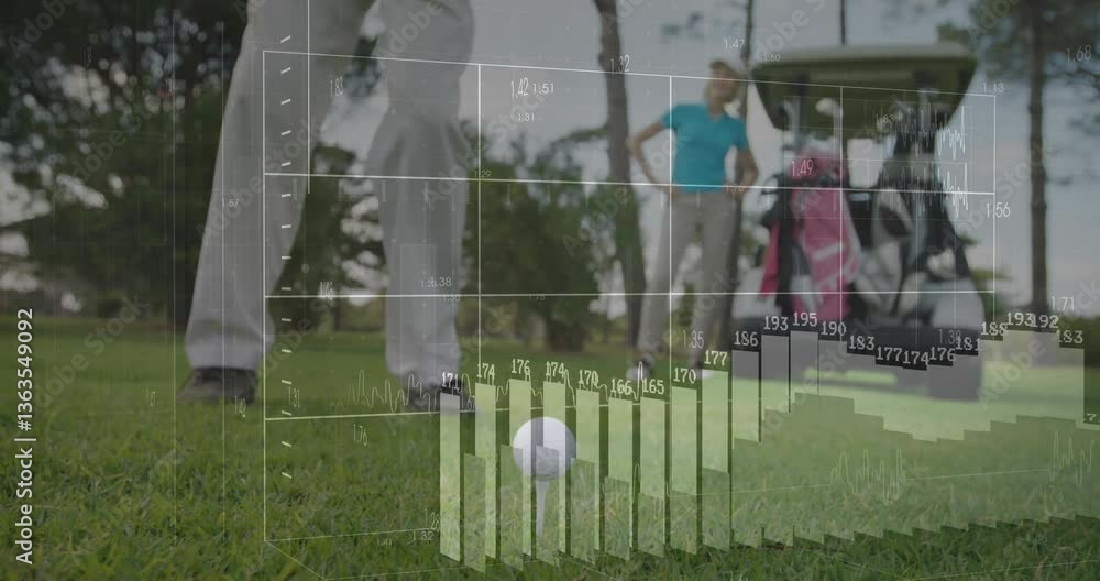 Poster in school, golfer preparing to putt with animation of data graph overlaying scene