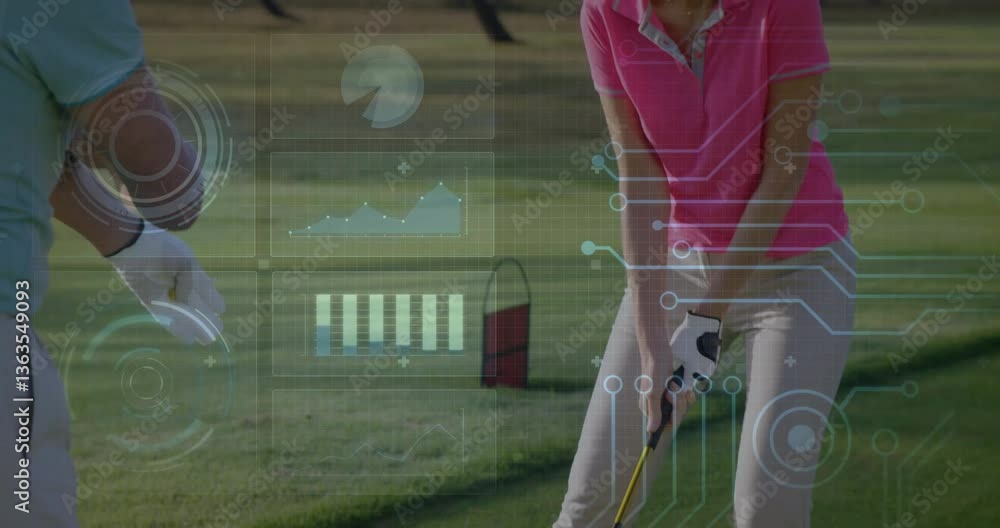 Poster golfer preparing swing with animated data analytics overlay on golf course