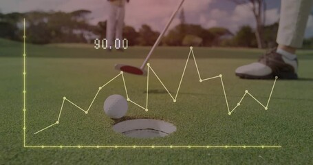 Animation overlay of fluctuating data graph on golf ball near hole on course - Powered by Adobe