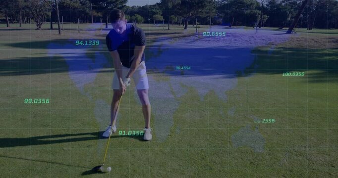 Golfer swinging club with data and world map animation overlay