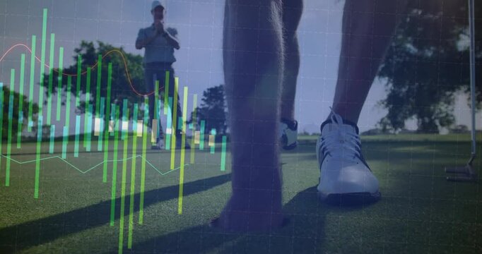 Golfer preparing to putt with financial data processing animation overlay - Powered by Adobe