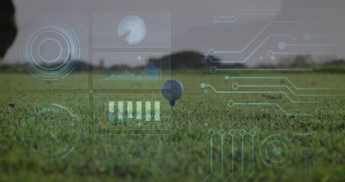 Golf ball on grass with digital data processing animation overlay - Powered by Adobe