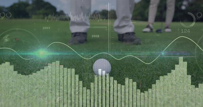 Golf ball on grass with animation of data visualization, golfer in background - Powered by Adobe