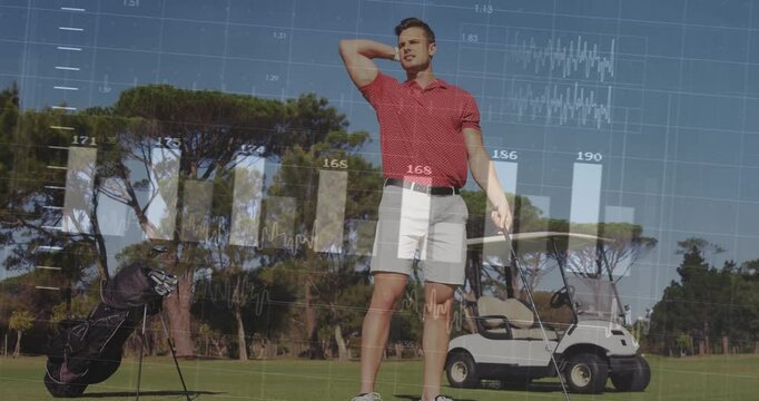 Man in red shirt on golf course with data processing animation overlay - Powered by Adobe