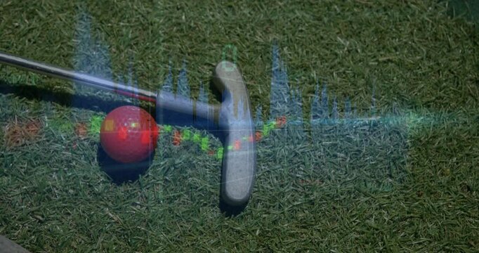 Croquet mallet and ball on grass with financial data processing animation overlay