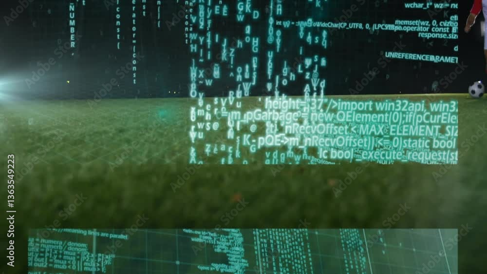 Poster network of connections and data processing animation over soccer field scene