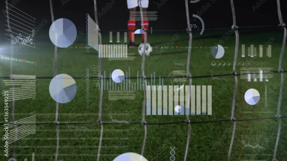 Poster preparing to kick soccer ball, player with animation data overlay on field