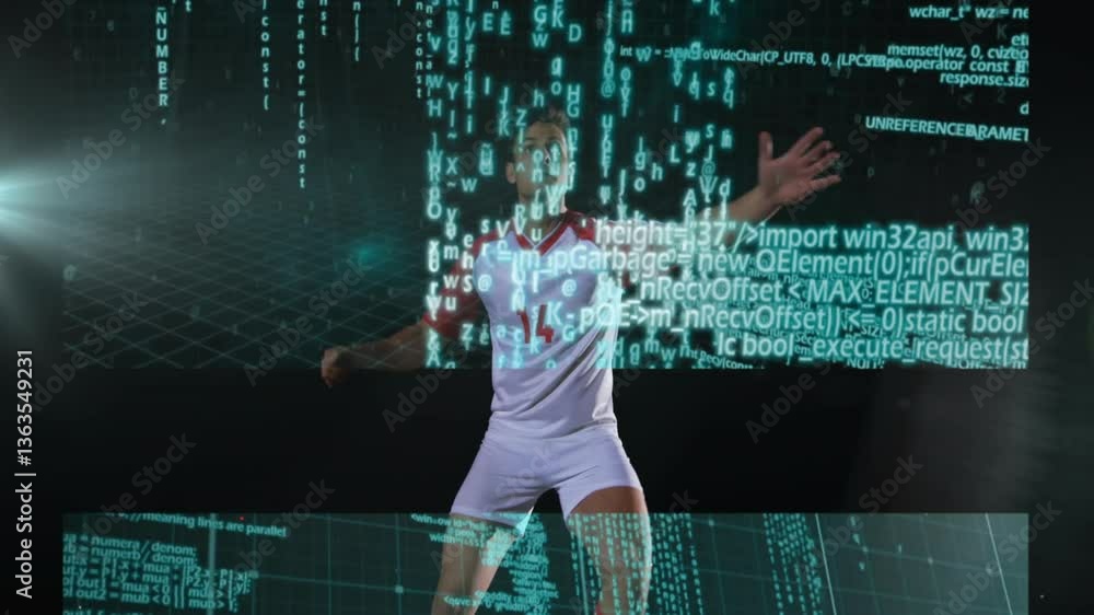 Poster soccer player interacting with digital code animation in virtual environment