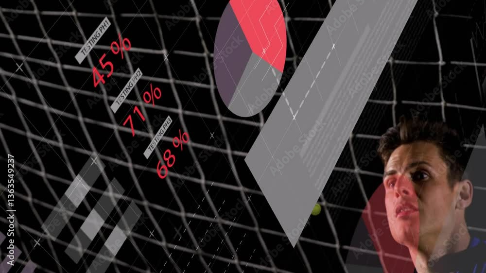 Poster animation of pie chart with percentages over grid background in abstract style