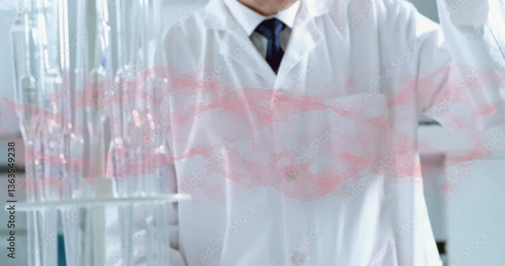 Poster scientist in lab coat working with red molecular structure animation overlay