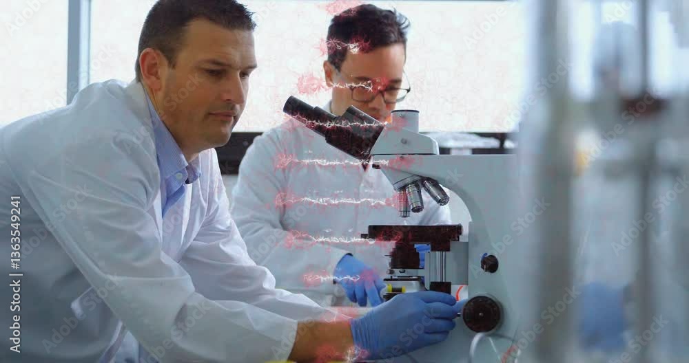 Poster examining samples, scientists with dna strand animation overlaying microscope in lab