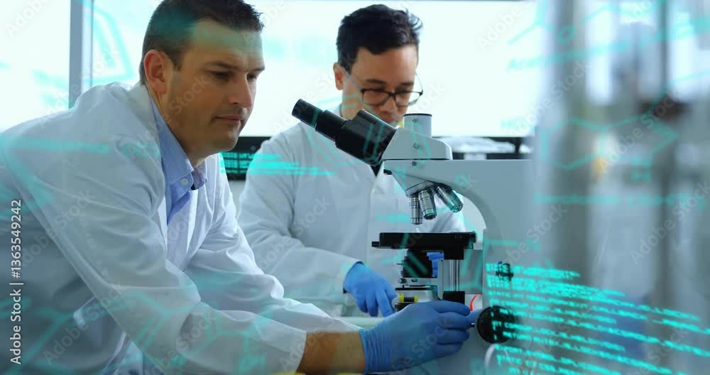 Aufkleber using microscopes, scientists analyzing digital data overlay in laboratory setting