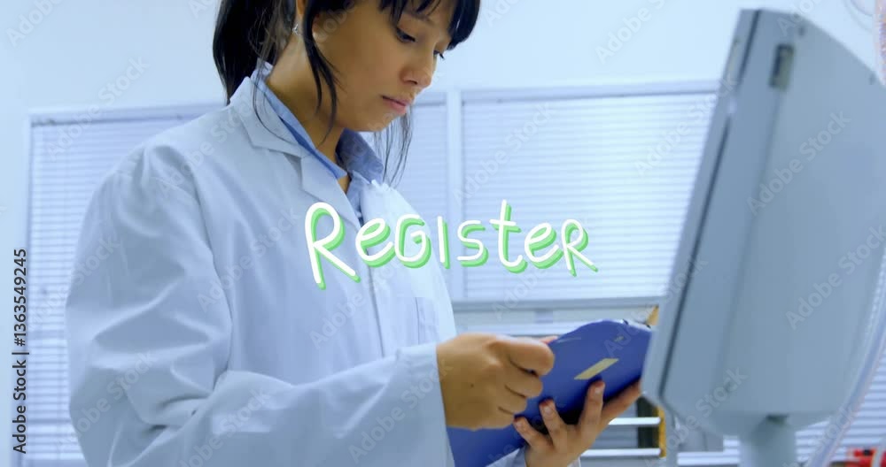 Poster in lab, scientist in coat reviewing clipboard with animation of register text