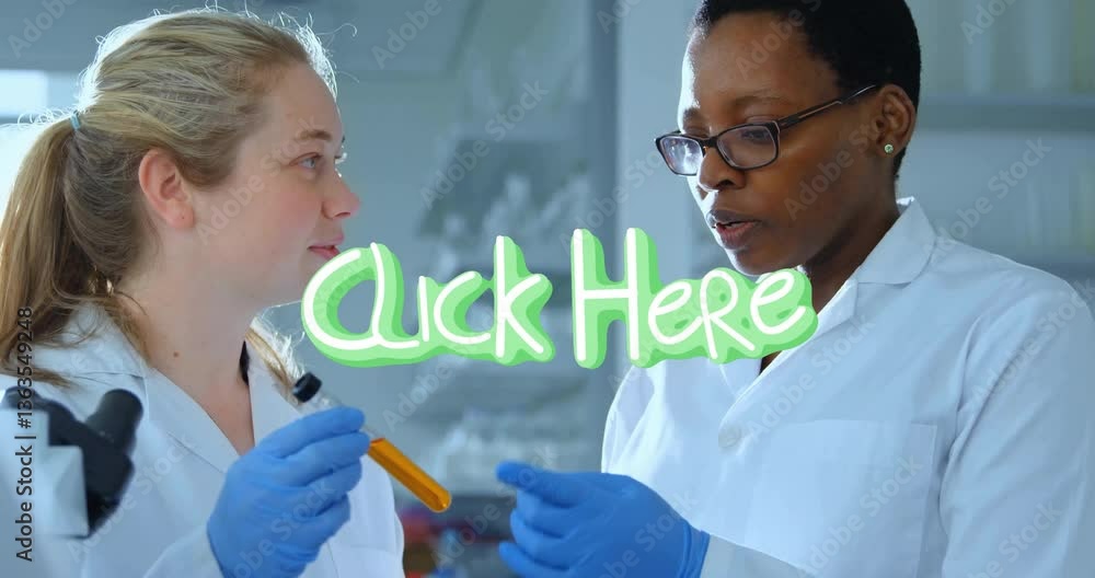 Poster in school, scientists holding test tube discussing animation with click here text