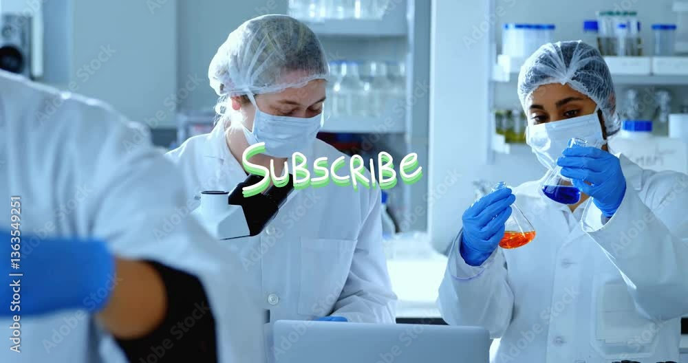 Poster scientists in lab coats working with subscribe text animation over them