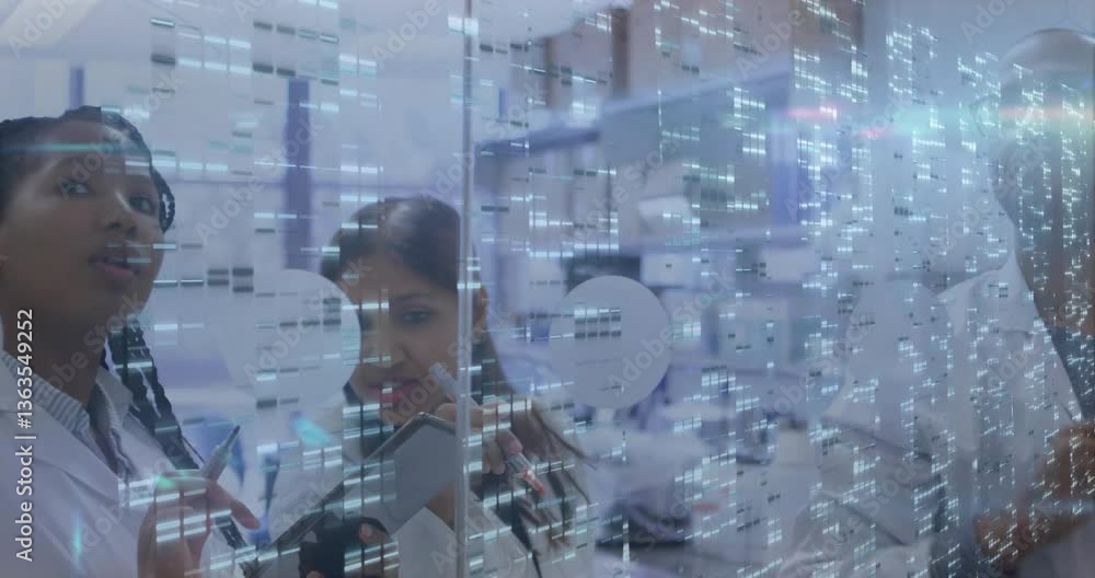Poster scientists analyzing data with digital dna strand animation overlay in laboratory