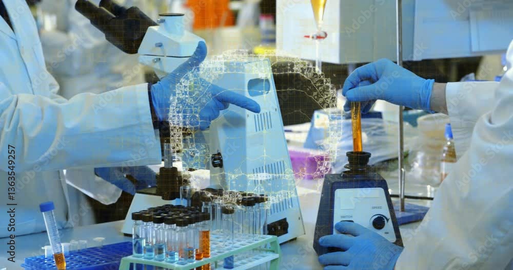 Poster in lab, scientists analyzing test tubes and microscope with animation data overlay