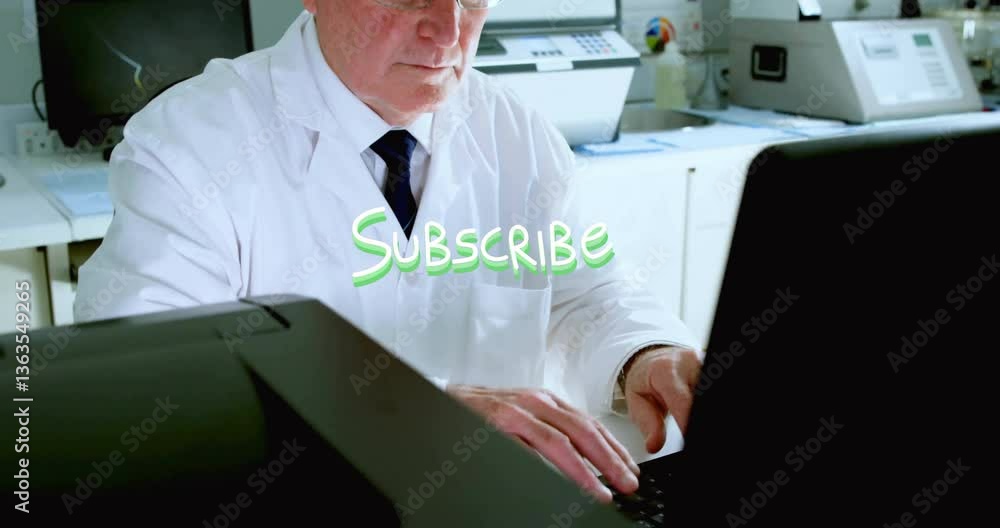 Poster typing on laptop, scientist creating subscribe text animation in laboratory